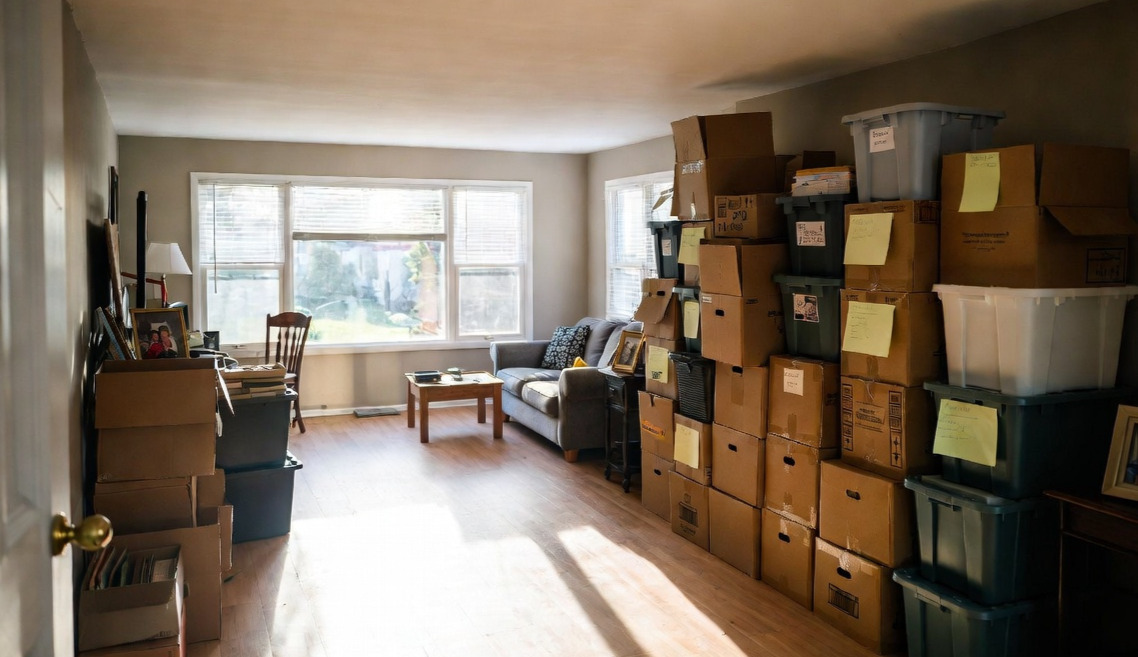 A living room with a stacks of boxes overflowing with items