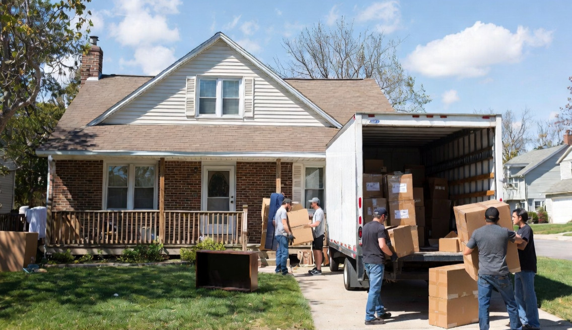 A moving truck in front of a house with men moving boxes