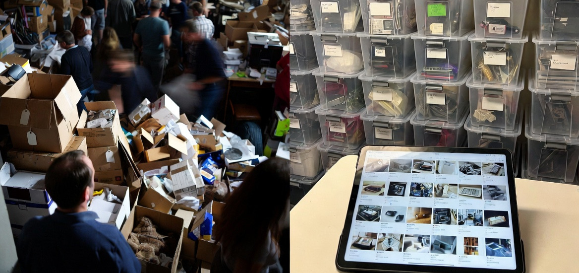 Left: A living room cluttered with messy boxes and a mob of people rummaging through them. Right: A shelf with neatly organized bins and in the forefront an ipad with a catalog of all the items.