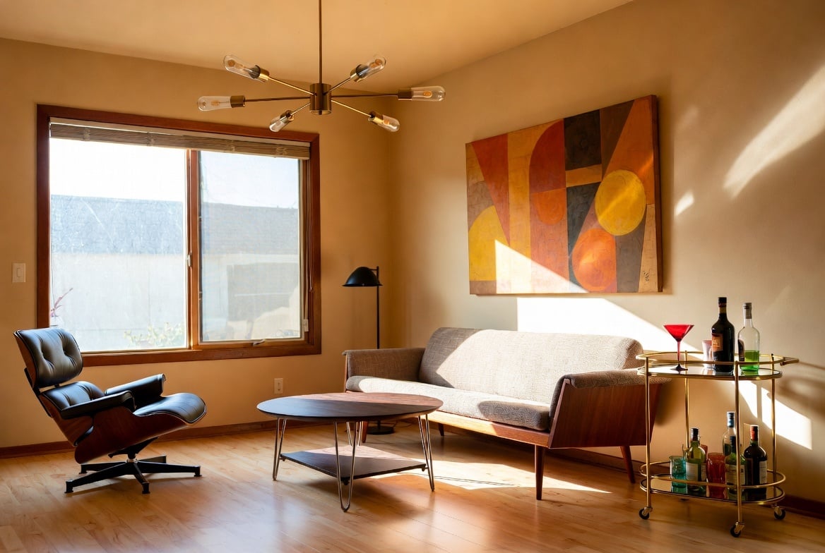 A living room with a Mid Century Modern Couch, sitting chair, sputnik lantern, and neat bar cart