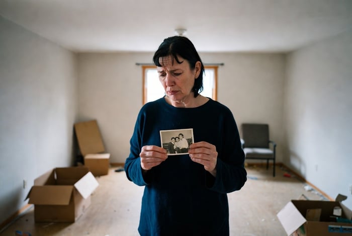 A women holding a photo, greiving.