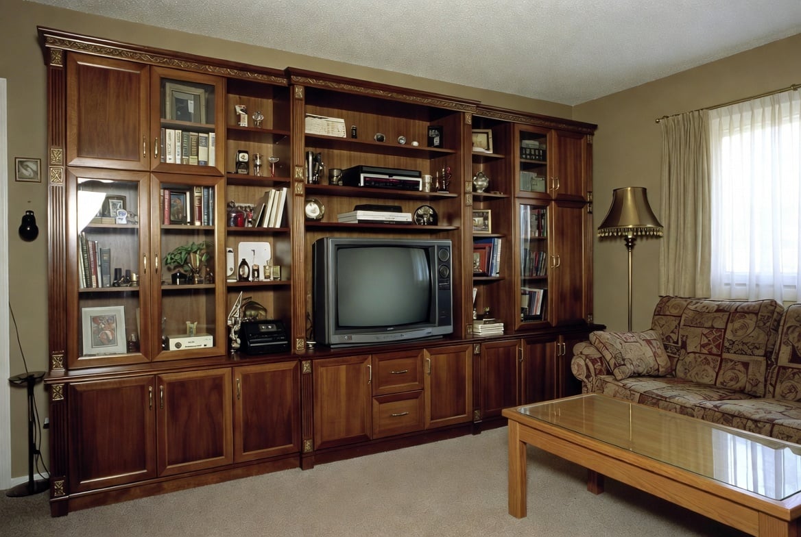 A livingroom with a very lanrge dark oak TV and shelving cabinet, a cloth sofa with floral patters, and a melamine coffee table