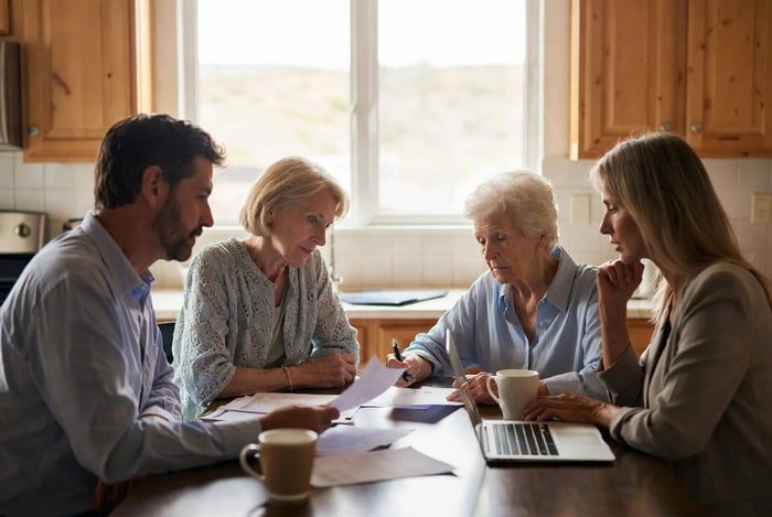 A stressed family sitting at the kitchen table reviewing documents