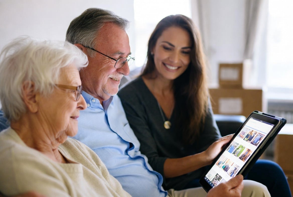 A family sits togetehr on a couch and happily reviews an ipad