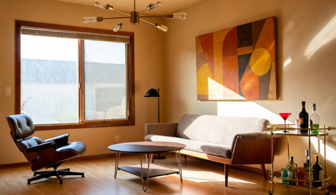 A living room with a Mid Century Modern Couch, sitting chair, sputnik lantern, and neat bar cart