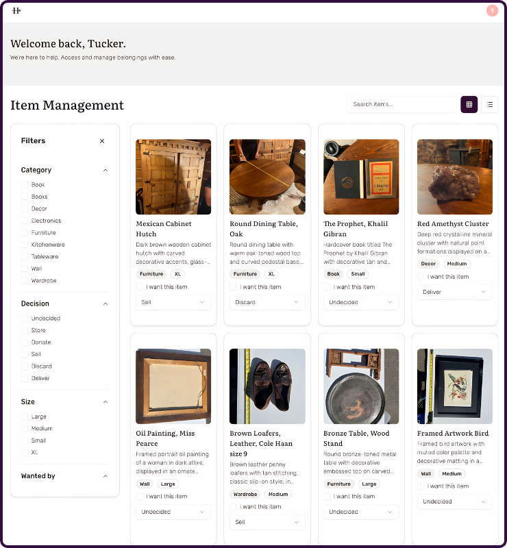 Screen shot of the Heirloom Portal showing the your items neatly cataloged and the ability to select how to disposition them