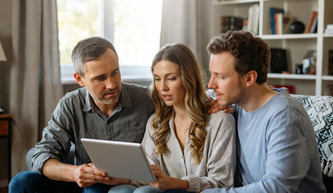 Family sitting together on a couch reviewing an ipad