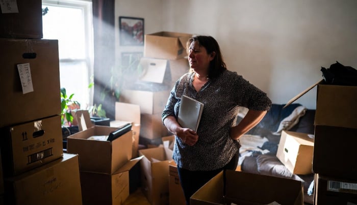 A woman grieving in her living room