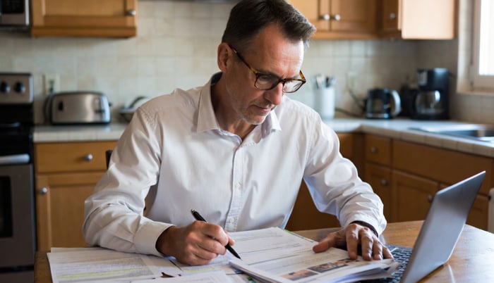 A man reviewing a stack of papers and a laptop at his kitchen table.
