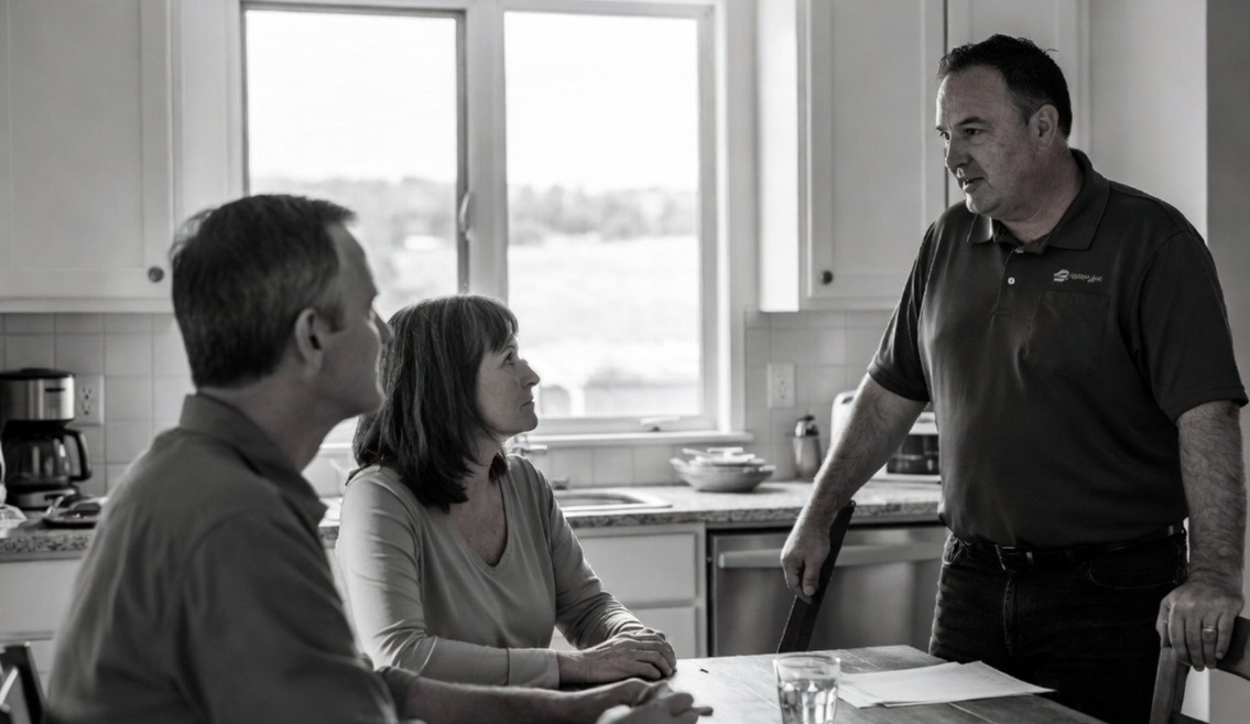A pushy salesman talking to a couple sitting at their kitchen table.