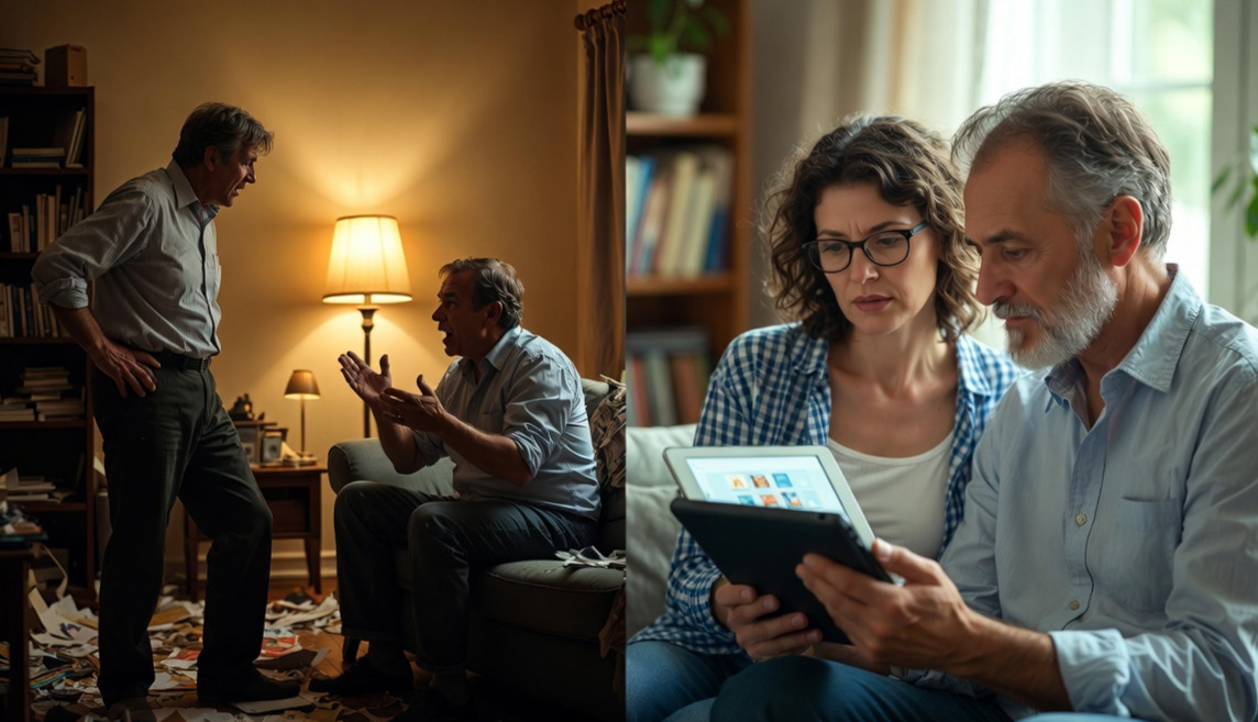 LEFT: Two male siblings arguing in a living room, one standing one sitting. RIGHT: A male and female sit together and review an ipad